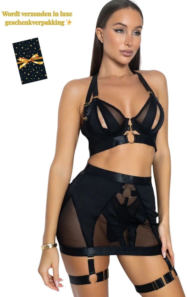 Luxe Lingerieset Dames – Sexy Lingerie – Erotische Lingerie Set – 4-delige Jarretelset – Zwart Kant – Beugel BH – High Waist Lingerie – Boudoir Set – Chique – High End – Madam Hommard – Exclusief – Cadeau Set – Dare to Undress – XS, S, M, L — afbeelding 1