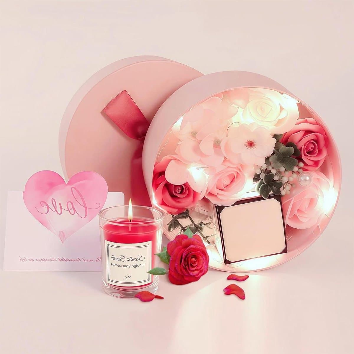Zeepbloemen Cadeaubox - Aromatherapie Set - Romantisch Cadeau Geven - Met LED Verlichting - 16 x 16 x 8.2 cm — afbeelding 1