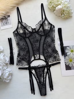 Zwarte Bloemen Kanten Corset Lingerie Set - Transparant Mesh Body Met Kousenbanden & Dijbandjes - Sexy Ondergoed Vrouwen Romantisch Cadeau Voor Haar — thumbnail 4