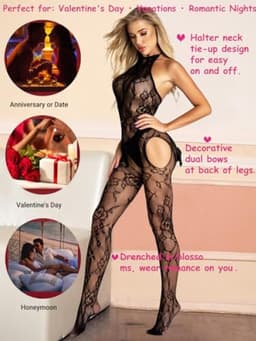 Lingerie bodystocking met strik, netstof jumpsuit voor dames, mouwloze catsuit in zwart — thumbnail 3