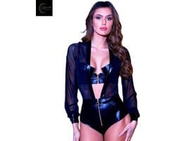 Sexy Lingerie Body Dames – Luxe Lingerie – Zwart – Transparante Bodystocking – Mesh Lingerie met V-Hals – High Waist – Wetlook – Boudoir Set – Chique – High End – Lak – Latex – Lingerie Erotisch Dames – Erotische Body – Dare to Undress – S, M, L, XL
