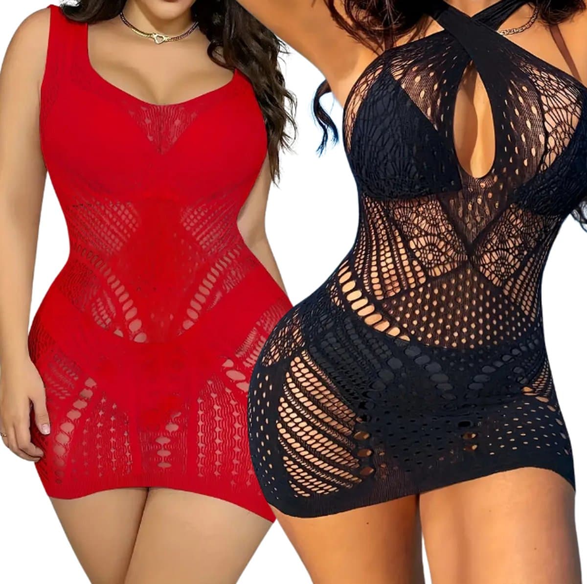 LekkerStout Plus Size Mini Jurkjes 2 Pack - Rood/Zwart - Sexy Lingerie | M+/XL | LS238 — afbeelding 1