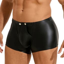 Sexy Heren Boxershort PU Leer met Drukknoopjes & Open Kruis – Uitdagend Zwart Wetlook Mannen Ondergoed — thumbnail 4