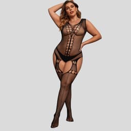 Elana Alessyne Plus Size Bodystocking – Zwart Visnet met Jarretel Look – Hoge Rekbaarheid – Full Body Lingerie — thumbnail 8