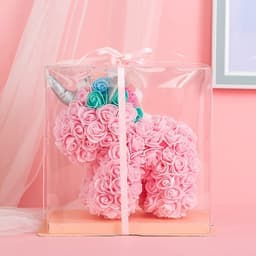 Roze Teddybeer - Bloemenpop - Cadeau geven - Handgemaakt - 25x24x15 cm - Roze — thumbnail 4