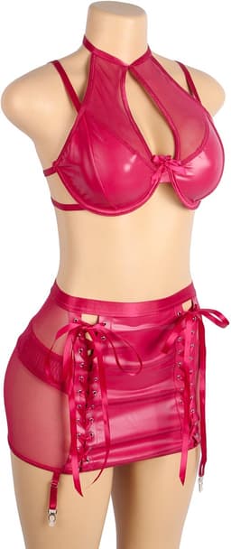 Zeloria PU Leren Lingerie Set met Rokje en Jarretelles – Halter Lingerie Set Dames – Rood – M — thumbnail 9