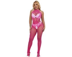 Subblime - 952389 Fishnet And Lace Crotchless Bodystocking With High Neck Pink One Size
