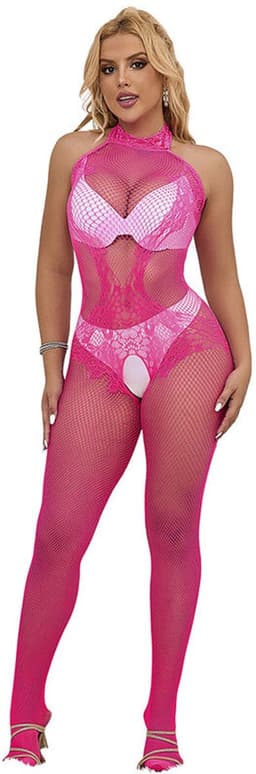 Subblime - 952389 Fishnet And Lace Crotchless Bodystocking With High Neck Pink One Size — thumbnail 1