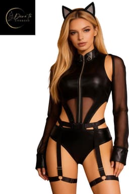 Latex Wetlook Bodysuit – Sexy 3-Delige Lingerieset Dames – Mesh Lingerie Erotisch – Zwarte Kinky Kitten – Rollenspel – Lingerie Erotisch – Inclusief Kattenoren – Leren PU Body – Leatherlook – Nachtkleding – BDSM – Clubwear – Wasteland – S, M, L, XL — thumbnail 9