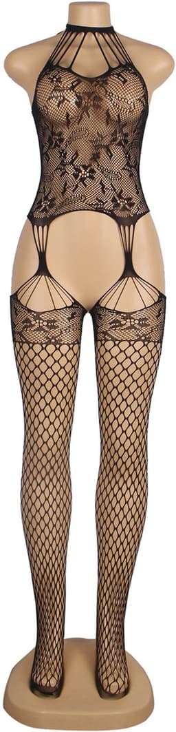 Zeloria Bodystocking – Lace Catsuit met Jarretelle Look – Sexy Lingerie met Open Kruis – Zwart – L-XXL (Plus Size) — thumbnail 10