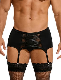 Zeloria Heren Jarretel Boxer Kant – Erotische Lingerie met Bandjes – Zwart – S – Exclusief Kousen — thumbnail 1