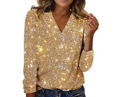 Glitterende Dames Blouse met V-Hals en Lange Mouwen – Feestelijk Shirt