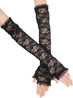 2 Paar Lange Zwarte Kant Vingerloze Armwarmers voor Dames - Gothic Punk Accessoire — thumbnail 5