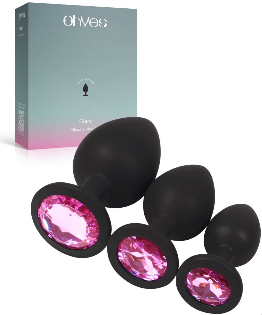 OHYES 3-Delige Siliconen Buttplug Set – Anal Butt Plug – Seks Toys voor Mannen & Vrouwen – Anale Seksspeeltjes - Buttplugs Anaal Speeltje met Diamanten - Roze — afbeelding 1
