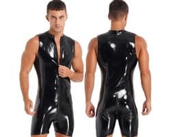Heren Latex Wetlook jumpsuit deluxe - Mouwloos - Sexy bodysuit heren - Zwart
