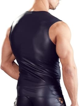 PU lederen top heren- V-hals met veters - Shirt leer - Zonder mouwen - Zwart — thumbnail 2