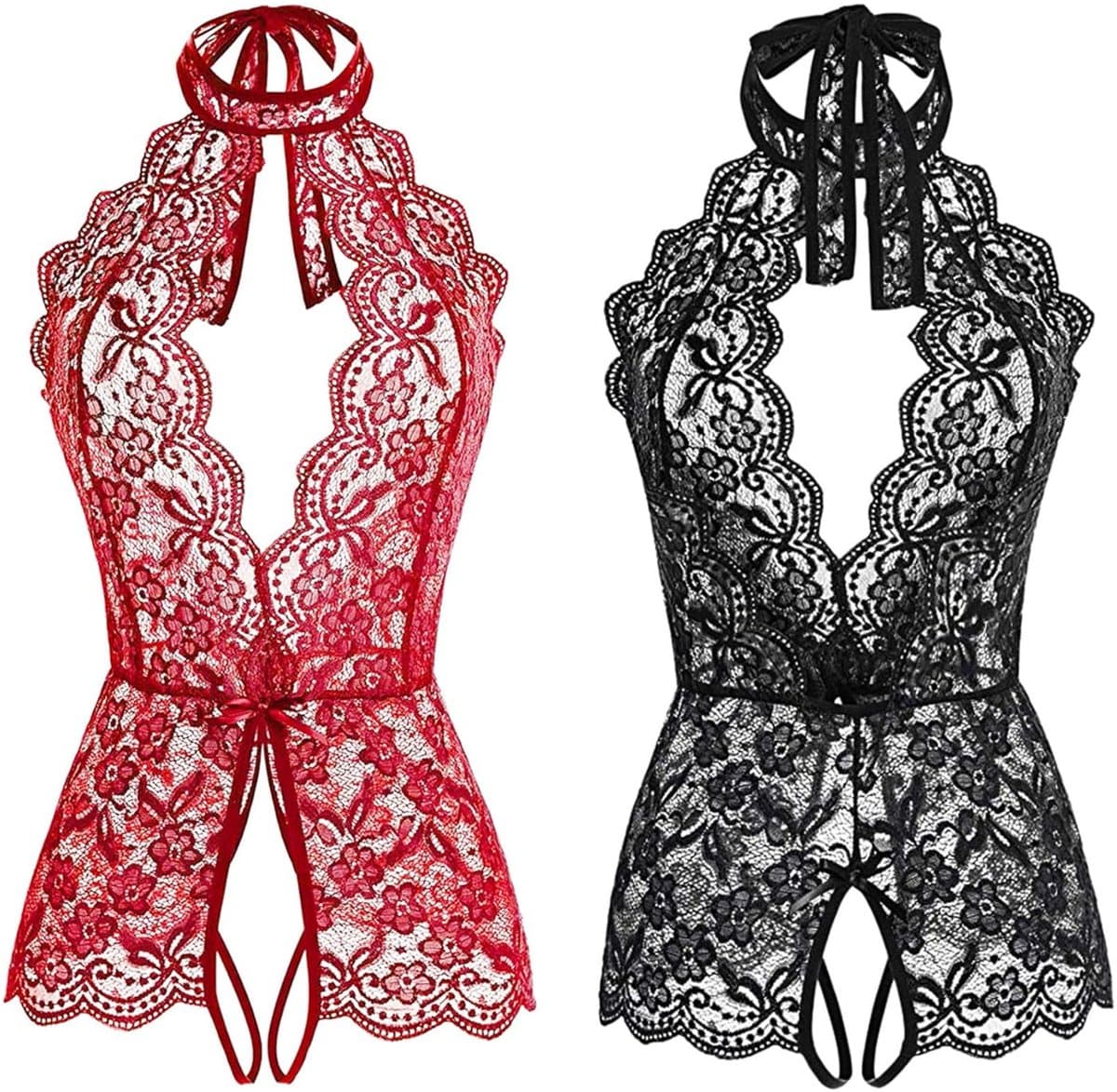 Lace Robe - Nachtkleding - 2 Stuks - Kerstkostuums - lingerie set - Robe with Lace - Ondergoed - Halloween kostuum - Sleepwear - Sexy Nightdress - Neglige - Loungewear - Sexy Nightdress - Zwart en burgundy - XL — afbeelding 1