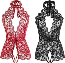 Lace Robe - Nachtkleding - 2 Stuks - Kerstkostuums - lingerie set - Robe with Lace - Ondergoed - Halloween kostuum - Sleepwear - Sexy Nightdress - Neglige - Loungewear - Sexy Nightdress - Zwart en burgundy - XL — thumbnail 1