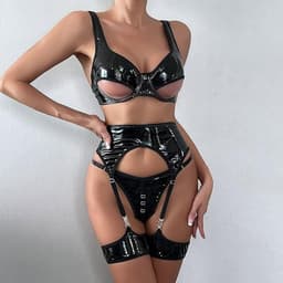 Sexy leren lingerie bodysuit voor dames, zwart gelakt PU-leer, sexy holle exotische lingerie voor dames, maat M (bovenlengte 30 cm, broeklengte 17 cm, roklengte 25 cm) — thumbnail 2