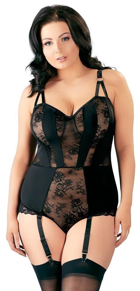 Cottelli Plus Size – Jarretel Body Lingerie Set met Transparante Delen en Verticale Stukken Vrouwelijk en Uitdagend – Maat 85E/L – Zwart — afbeelding 1