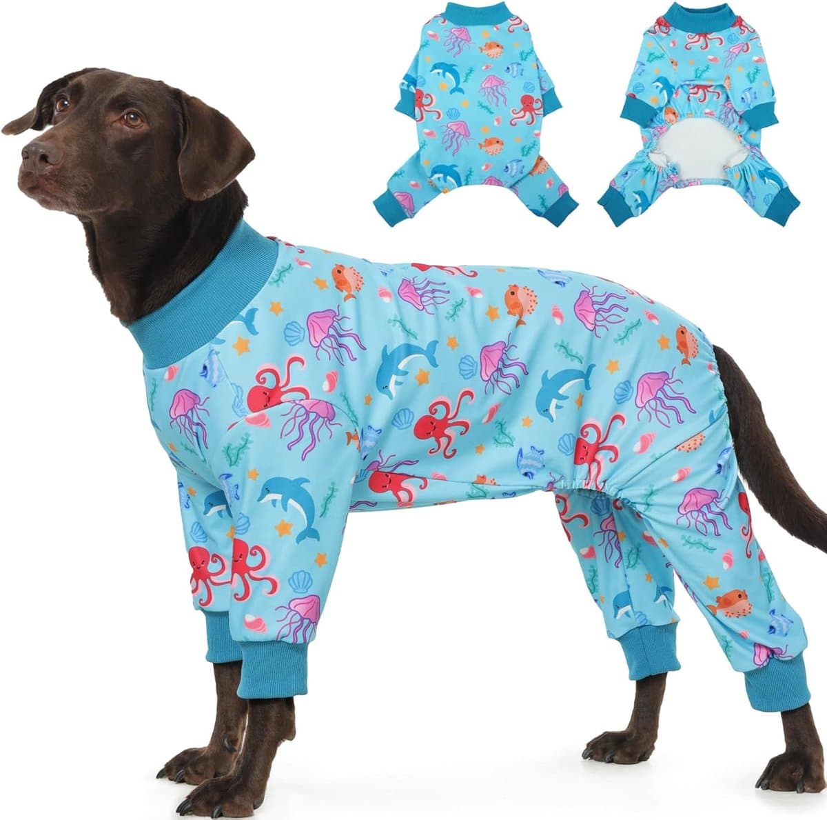 zacht en huidvriendelijk, wondbescherming, haaruitval, allergieën, verkoudheid, anti-likken, voor herfst en winter, voor binnen en buiten, pyjama voor middelgrote honden, blauw — afbeelding 1