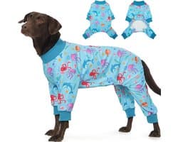 zacht en huidvriendelijk, wondbescherming, haaruitval, allergieën, verkoudheid, anti-likken, voor herfst en winter, voor binnen en buiten, pyjama voor middelgrote honden, blauw