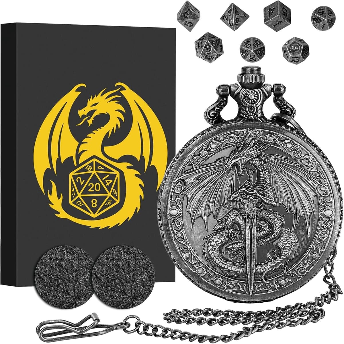 7-delige polyhedrale metalen dobbelstenen, mini DND-set met vliegende draak en zwaard tas, DND-geschenk met cadeau doos, spelaccessoires. — afbeelding 1