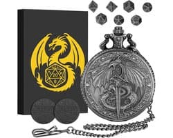 7-delige polyhedrale metalen dobbelstenen, mini DND-set met vliegende draak en zwaard tas, DND-geschenk met cadeau doos, spelaccessoires.