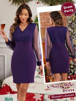 Glitter Bodycon Jurk Dames V-Hals Lange Mouw Cocktail Avondjurk Feestelijk — thumbnail 2