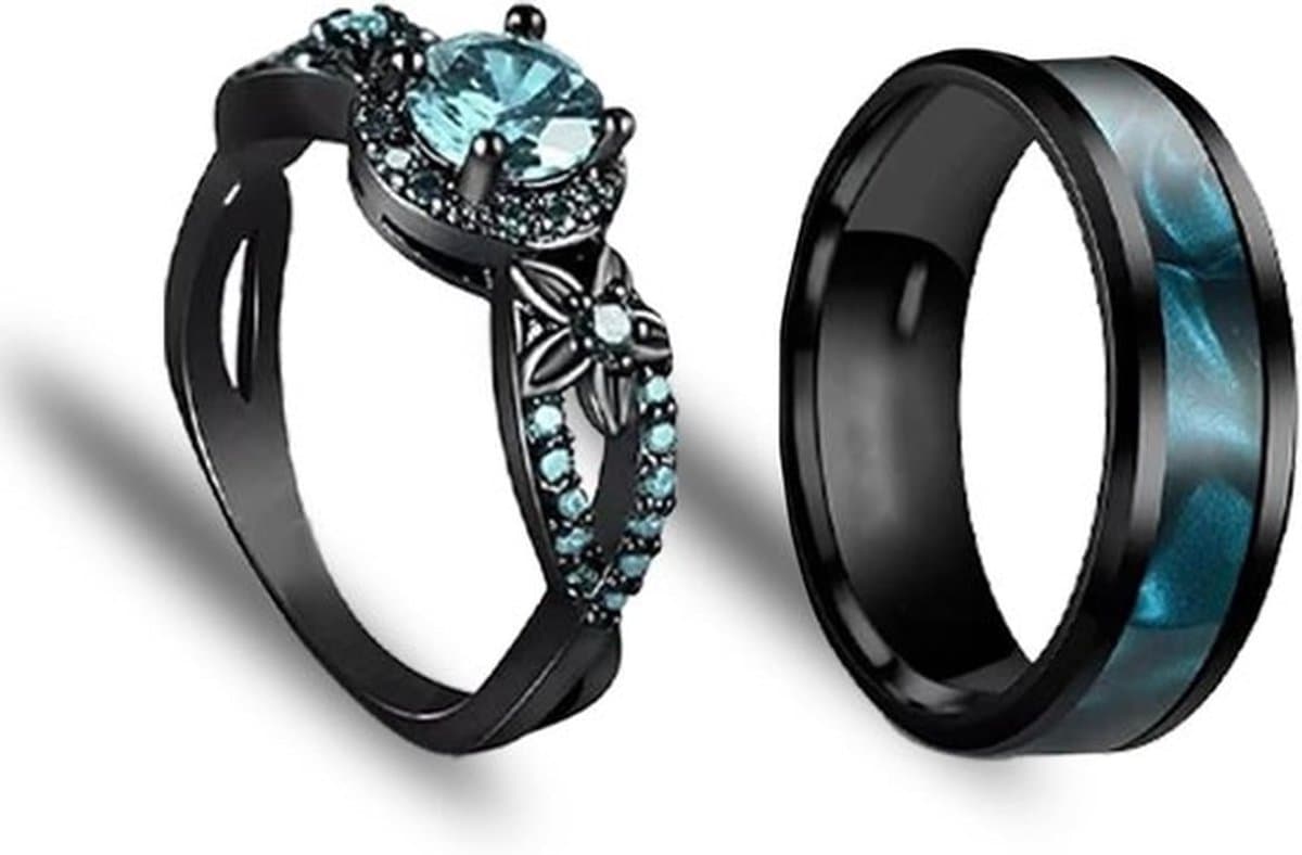 Stijlvolle ringenset voor koppels - verlovings- en huwelijksringen - jubileum- en bruiloftsgeschenk - tweedelige set met meerkleurige details — afbeelding 1