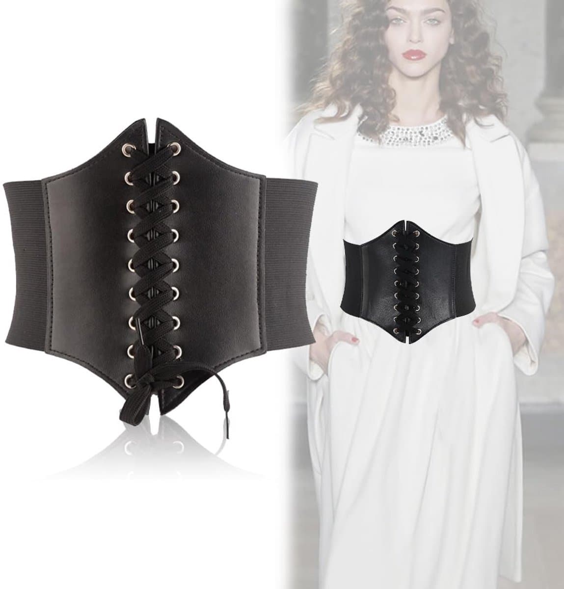 Dailygoods- Korset van zwart leer - Retrostijl - Korset riem - Elastische band - Knoopsluiting - Hoogwaardig materiaal - Corset — afbeelding 1