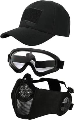 3 stuks tactisch airsoft masker, veiligheidsbril, baseball cap set, verstelbaar halfgelaatsmasker met gehoorbescherming, airsoft bril, oogbescherming, outdoor hoed voor airsoft/BB/CS spel — thumbnail 1