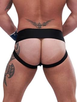 Mister B leren circuit jockstrap blauw met witte bies - large — thumbnail 2