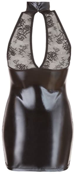 Cottelli Collection – Wetlook Mini Jurk met Kanten Bovenstuk en Knoop Hals voor een Sensuele Mix van Spanning en Comfort – Maat L – Zwart — thumbnail 3