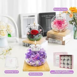 Queltrix Eeuwige bloem in glas & geurkaarsenset, geconserveerde bloemen, romantisch cadeau, geschenkdoos met 18 kaarsen, cadeauset voor Moederdag, verjaardag, jubileum, Kerstmis (paars) — thumbnail 5