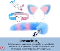 TipsToys Buttplug 4 Delige set - Staart Haarband met Oren Halsband Tepelklemmen - SexToy voor Koppels - Foxtail Blauw/Roze — thumbnail 4