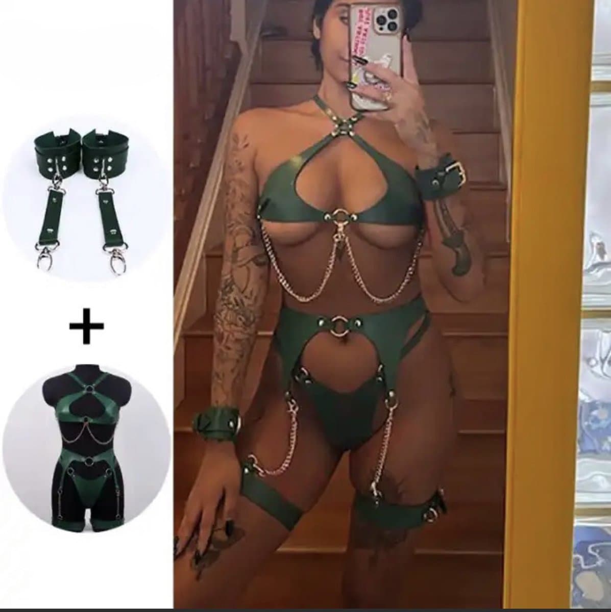 SCHEFMAN® Lederen harnas vrouwen | Erotische taille band goth bretel | Lingerie set | Full body bondage - Groen — afbeelding 1