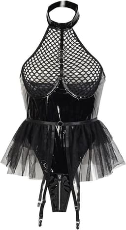 Sexy Lingerie Body – Erotisch jurkje – Rollenspel – Lak & Netstof – Latex & Datex – Kinky Mesh Bustier met Tule Rokje – Verleidelijk Fetish – Erotische Lingerie – BDSM – Lingerieset Dames – Sexy Lingerie – Festivallook – Bitch – Maat S, M, L, XL — thumbnail 6