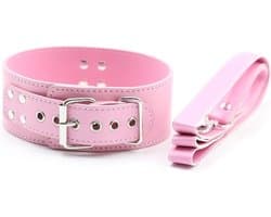 Nooitmeersaai - PU leren halsband met riem - roze