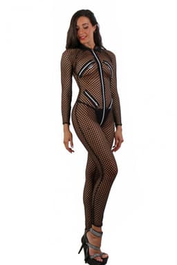 Fishnet catsuit, zwart met ritsen S/M — thumbnail 4
