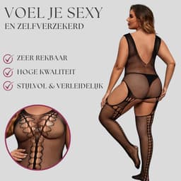 Elana Alessyne Plus Size Bodystocking – Zwart Visnet met Jarretel Look – Hoge Rekbaarheid – Full Body Lingerie — thumbnail 3
