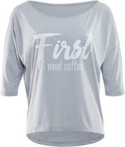 Dames T-Shirt met 3/4 Mouwen en 'First I Need Coffee' Glitteropdruk — thumbnail 3