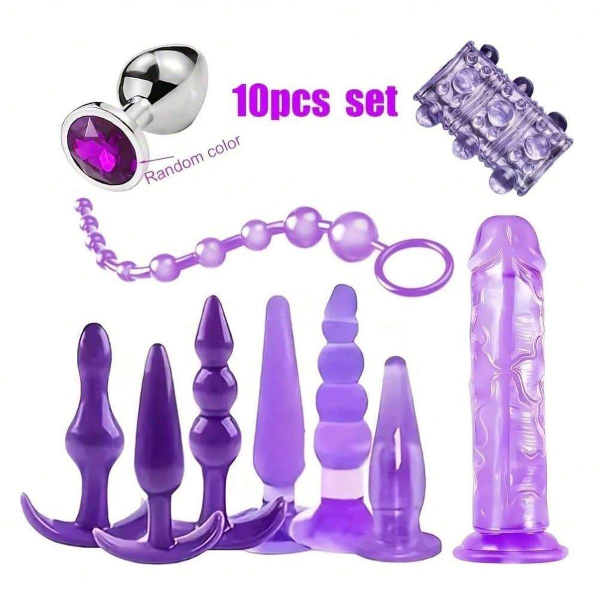 Oneay BDSM Beginnersset 10-delig – Siliconen Buttplug Set & Bondage Kit – Flexibele Pluggen, Huidvriendelijk, Spreider, Dildo, SM Accessoires voor Vrouwen & Koppels – Erotische Set Volwassenen – Paars — afbeelding 1