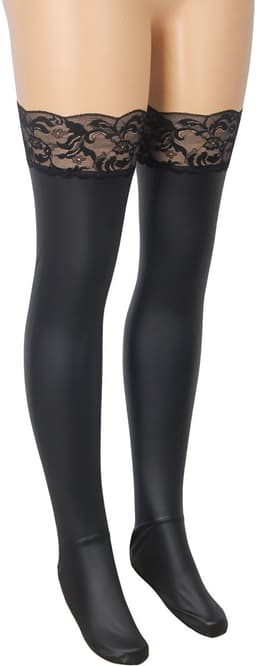 Zeloria Matte Wetlook / PU leer Kousen met Kant Rand – Zwart – Thigh High Stockings met Lace Top – L-XXL — thumbnail 12