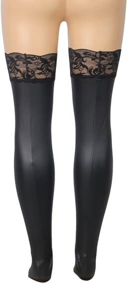 Zeloria Matte Wetlook / PU leer Kousen met Kant Rand – Zwart – Thigh High Stockings met Lace Top – XS-M — thumbnail 13