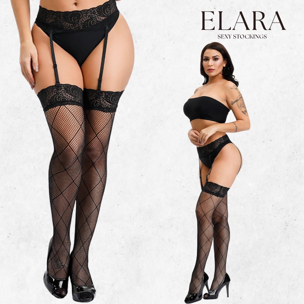 Elara Marena – Sexy Jarretel Gordel met Kousen – 2-Delige Lingerieset – Verleidelijke Netkousen met Kant – S t/m XL – Dames Lingerie — afbeelding 1