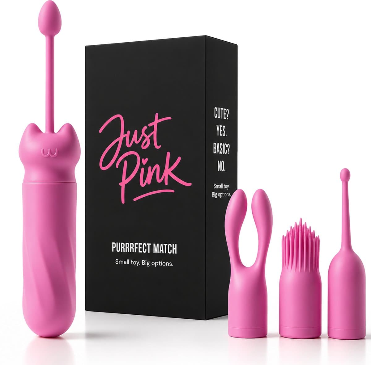 Just Pink Purrrfect Match - Mini Bullet Vibrator met 3 Opzetstukken & Terugtrekkoord - Ook Inwendig - Kleine Clitoris Vibrator voor Vrouwen & Beginners - Sex Toys voor Vrouwen — afbeelding 1