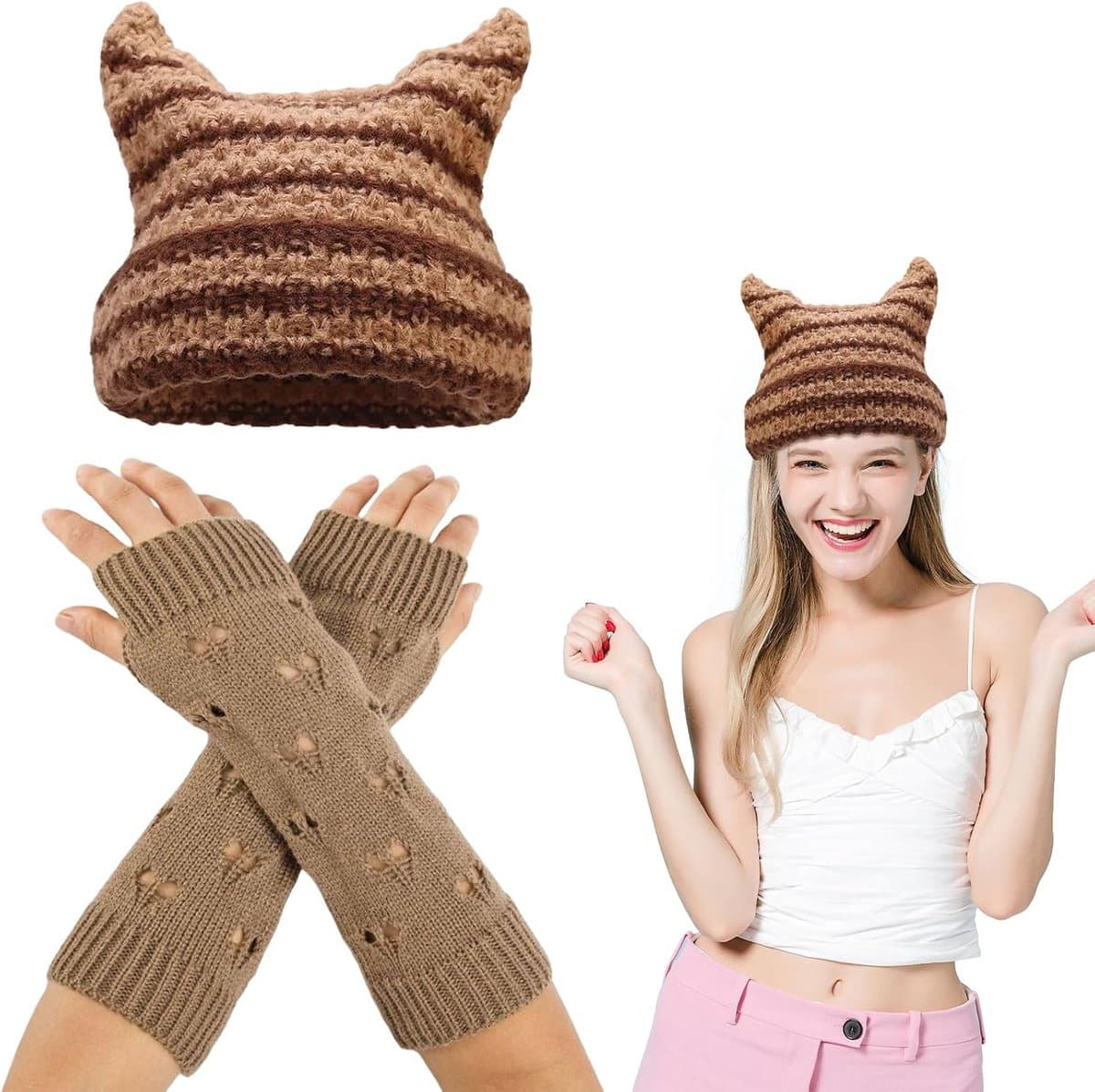 Handschoenen en Beanie, Fairy Grunge Accessoires, Gescheurde Handschoen en Hoed Gestreepte Gehaakte Slouchy Hoed, Winter Warme Gebreide Alt Hoofddeksels Accessoires, Grunge Kleding Fairy Grunge — afbeelding 1