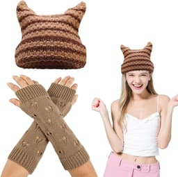 Handschoenen en Beanie, Fairy Grunge Accessoires, Gescheurde Handschoen en Hoed Gestreepte Gehaakte Slouchy Hoed, Winter Warme Gebreide Alt Hoofddeksels Accessoires, Grunge Kleding Fairy Grunge — thumbnail 1