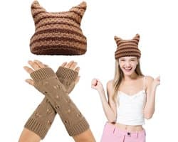 Handschoenen en Beanie, Fairy Grunge Accessoires, Gescheurde Handschoen en Hoed Gestreepte Gehaakte Slouchy Hoed, Winter Warme Gebreide Alt Hoofddeksels Accessoires, Grunge Kleding Fairy Grunge